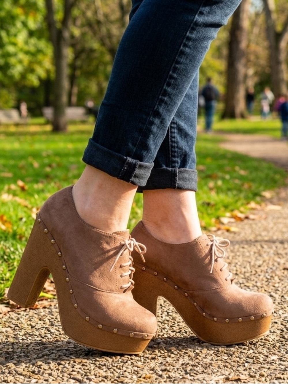 Charles Albert Collection Tan/Brown Suede Oxford Block Platform Wedge Heels Sz…